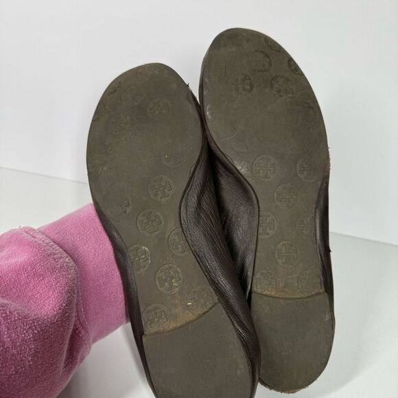 Tory Burch Classic Reva Chocolate Brown Leather Ballet Flats Gold Womens Size 10 - Picture 11 of 13